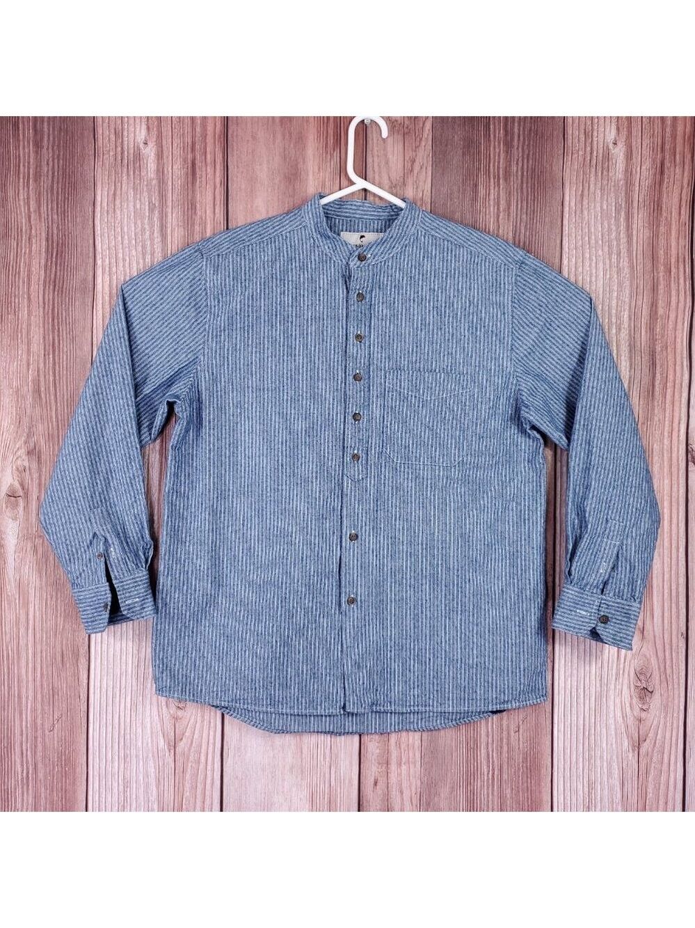 Lee Valley Ireland Mens Medium Grandfather Shirt Button Up Striped Single Pocket